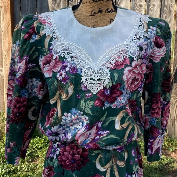 Vintage 80s 90s Lisa II Ltd Floral Cottagecore Lace Collar Dress Women’s M - Picture 2 of 14